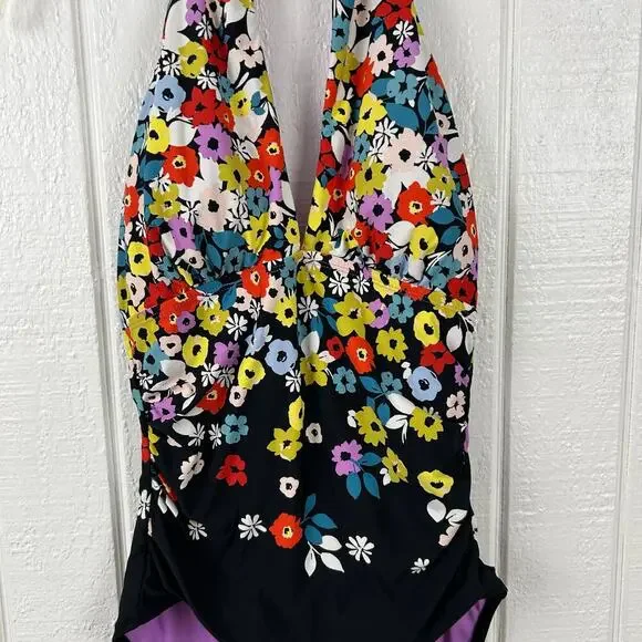 Anne Cole Floral Halter One Piece Swimsuit Keyhole Back Beach Women Size 8 - Picture 2 of 7